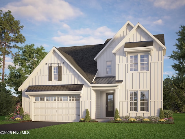 modern inspired farmhouse with board and batten siding, a standing seam roof, a front yard, and metal roof