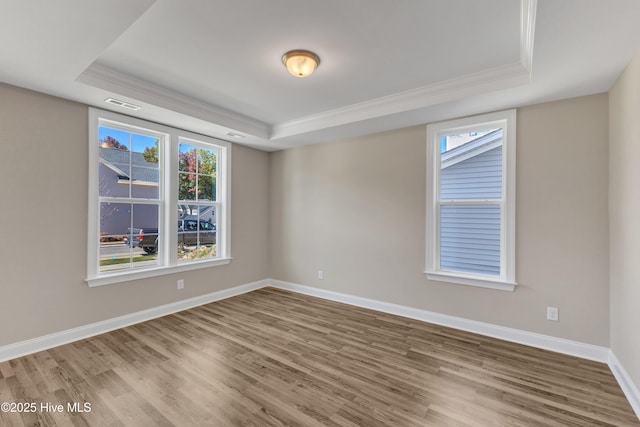 empty room featuring a tray ceiling, ornamental molding, wood finished floors, plenty of natural light, and baseboards