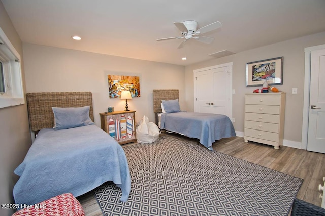 565 Salter Path Rd Unit S-5, Pine Knoll Shores, NC 28512 - bedroom with wood finished floors, recessed lighting, a ceiling fan, and baseboards