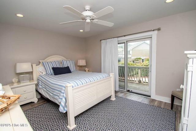 565 Salter Path Rd Unit S-5, Pine Knoll Shores, NC 28512 - bedroom featuring access to exterior, dark wood-style flooring, recessed lighting, and a ceiling fan