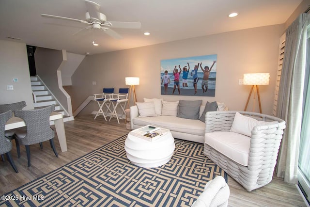 565 Salter Path Rd Unit S-5, Pine Knoll Shores, NC 28512 - living room featuring wood finished floors, ceiling fan, recessed lighting, and stairs