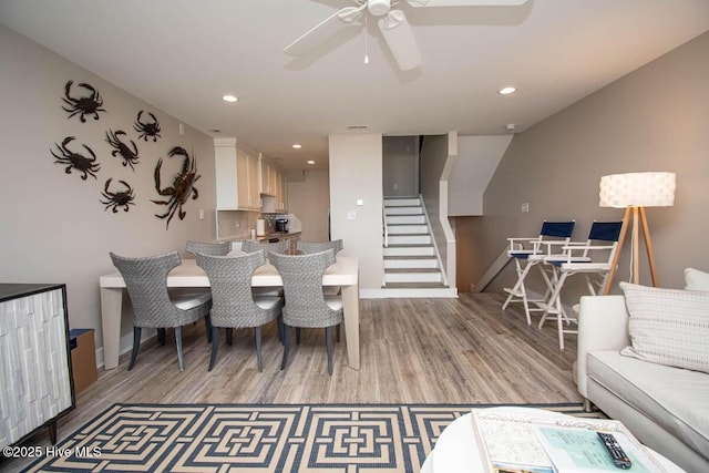 565 Salter Path Rd Unit S-5, Pine Knoll Shores, NC 28512 - dining room with wood finished floors, ceiling fan, stairs, recessed lighting, and baseboards