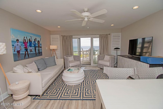 565 Salter Path Rd Unit S-5, Pine Knoll Shores, NC 28512 - living area featuring wood finished floors, a ceiling fan, and recessed lighting