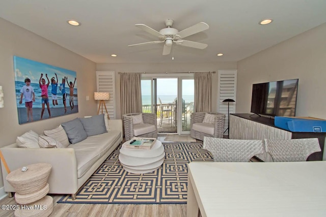 565 Salter Path Rd Unit S-5, Pine Knoll Shores, NC 28512 - living room with a ceiling fan, wood finished floors, and recessed lighting