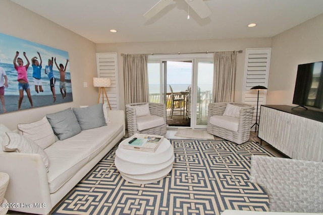 565 Salter Path Rd Unit S-5, Pine Knoll Shores, NC 28512 - living area featuring a ceiling fan and recessed lighting