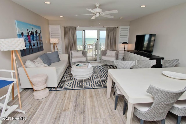 565 Salter Path Rd Unit S-5, Pine Knoll Shores, NC 28512 - living room with wood finished floors, a ceiling fan, and recessed lighting