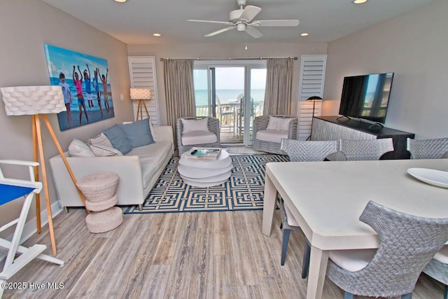 565 Salter Path Rd Unit S-5, Pine Knoll Shores, NC 28512 - living room with wood finished floors, ceiling fan, and recessed lighting