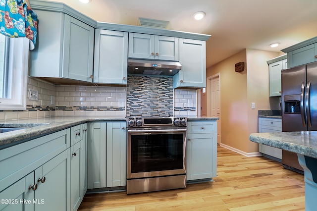 265 Creek View Dr, Sunset Beach, NC 28468 - kitchen with appliances with stainless steel finishes, under cabinet range hood, light wood-style flooring, decorative backsplash, and recessed lighting