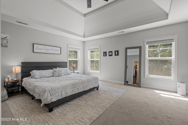 140 Timberwood Dr, Cameron, NC 28326 - carpeted bedroom with a tray ceiling, baseboards, a ceiling fan, and a walk in closet