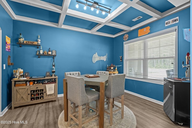 140 Timberwood Dr, Cameron, NC 28326 - dining area featuring wood finished floors, coffered ceiling, baseboards, and beamed ceiling