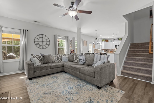 140 Timberwood Dr, Cameron, NC 28326 - living room featuring ceiling fan, wood finished floors, baseboards, stairs, and recessed lighting