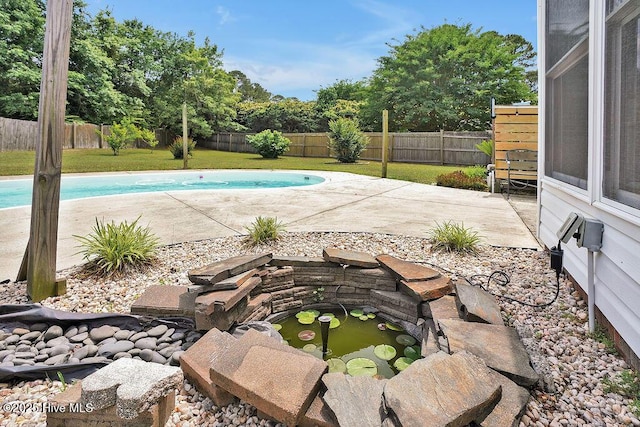 view of pool with a small pond and a patio