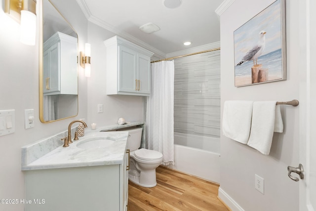 bathroom with crown molding, wood finished floors, vanity, toilet, and shower / bath combo