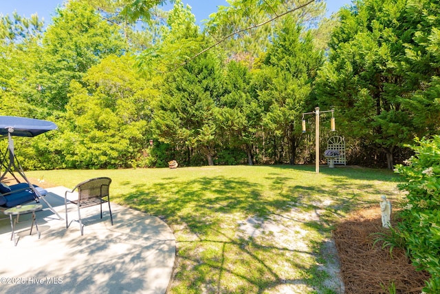 view of green lawn with a patio