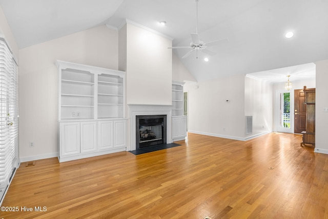 unfurnished living room featuring a ceiling fan, light wood-style floors, high vaulted ceiling, baseboards, and a fireplace with flush hearth