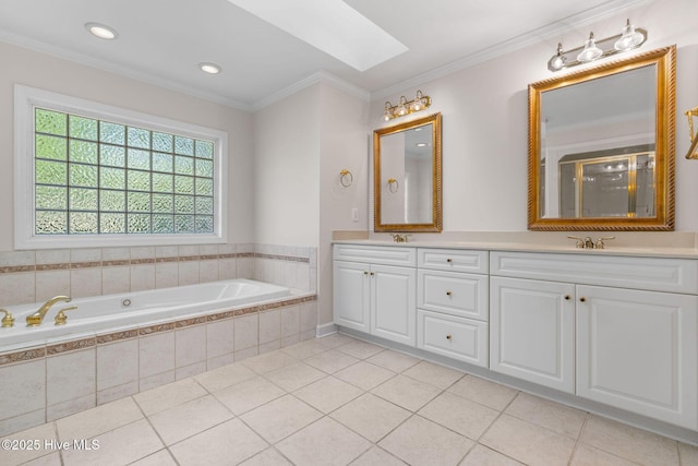 full bathroom featuring a bath, double vanity, tile patterned flooring, a shower stall, and ornamental molding