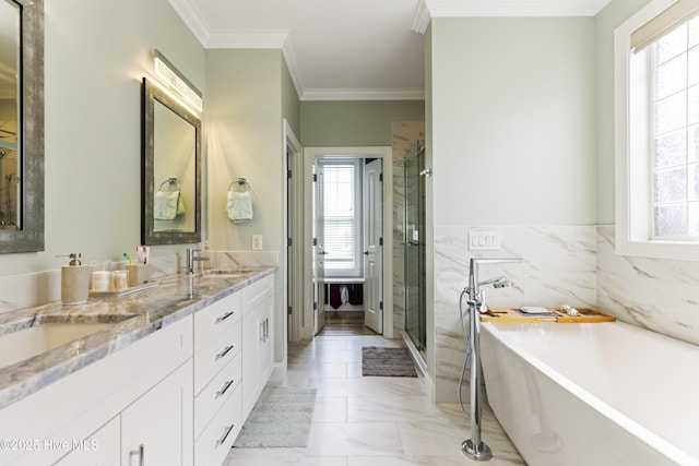 2016 Ashbrook Ct, Leland, NC 28451 - bathroom featuring ornamental molding, marble look tiles, a shower stall, a freestanding bath, and double vanity