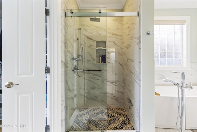 2016 Ashbrook Ct, Leland, NC 28451 - full bath featuring crown molding, a marble finish shower, and a bath