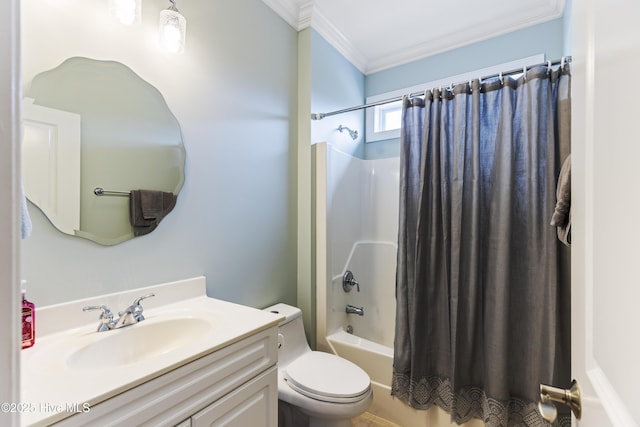 2016 Ashbrook Ct, Leland, NC 28451 - bathroom featuring ornamental molding, vanity, shower / bathtub combination with curtain, and toilet