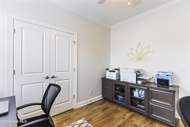 2016 Ashbrook Ct, Leland, NC 28451 - office area with ornamental molding, dark wood-type flooring, baseboards, and a ceiling fan