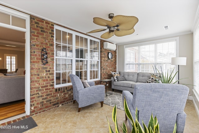 2016 Ashbrook Ct, Leland, NC 28451 - tiled living room with ornamental molding, a wall unit AC, and ceiling fan