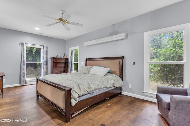 707 Brown Pelican Ln, Hampstead, NC 28443 - bedroom featuring wood finished floors, baseboards, recessed lighting, and a ceiling fan