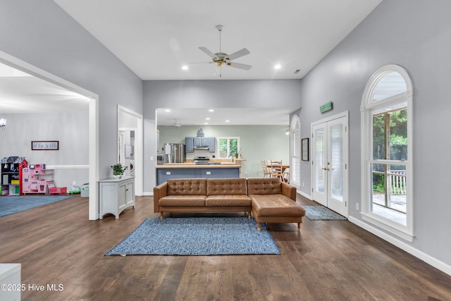 707 Brown Pelican Ln, Hampstead, NC 28443 - living room with ceiling fan, dark wood finished floors, french doors, recessed lighting, and baseboards