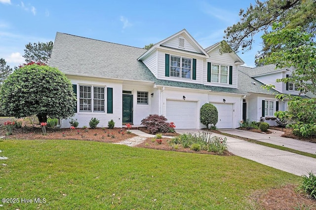 view of front of home featuring driveway, an attached garage, brick siding, a front lawn, and roof with shingles