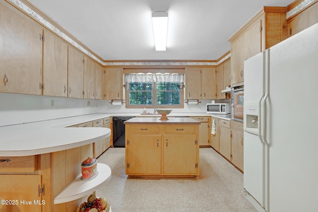 kitchen featuring white appliances, light brown cabinets, light countertops, open shelves, and a center island