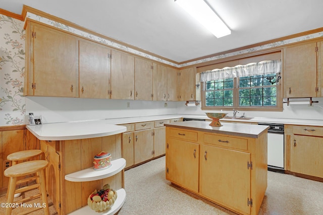 kitchen featuring wallpapered walls, light countertops, a peninsula, open shelves, and light floors
