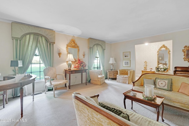 carpeted living room with plenty of natural light and crown molding