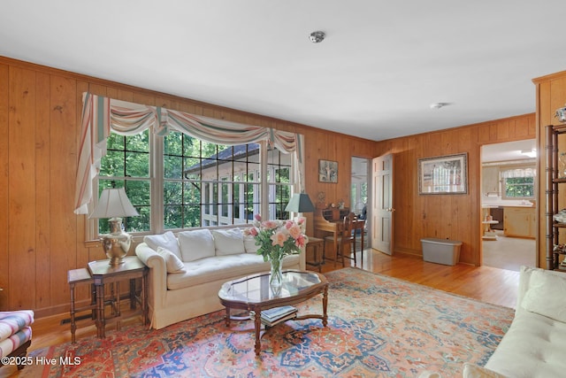 living area with wooden walls, plenty of natural light, and wood finished floors