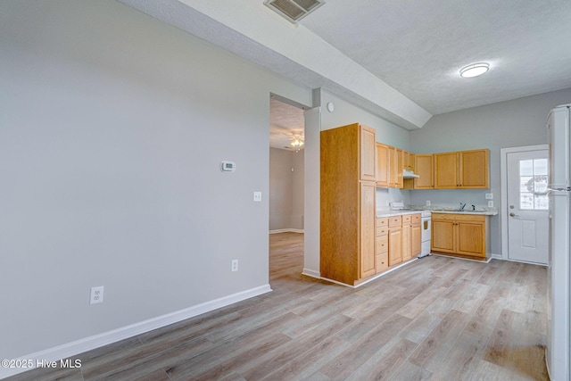 kitchen with white appliances, light countertops, vaulted ceiling, under cabinet range hood, and light wood finished floors