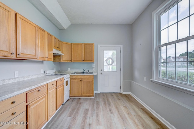 kitchen featuring white range with gas stovetop, under cabinet range hood, healthy amount of natural light, and light wood finished floors