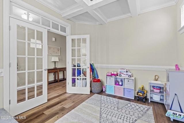 211 Willow Ridge Dr, Holly Ridge, NC 28445 - recreation room featuring french doors, coffered ceiling, wood finished floors, ornamental molding, and beam ceiling