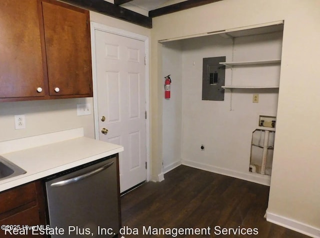 1501A B Dartmouth Ln, New Bern, NC 28562 - kitchen with stainless steel dishwasher, electric panel, baseboards, dark wood-style floors, and light countertops