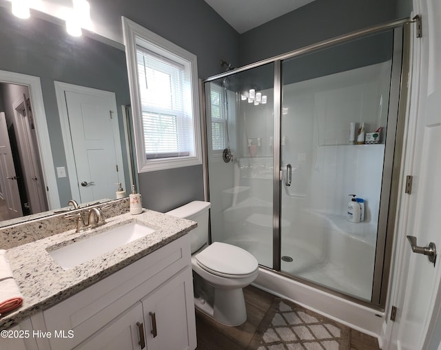 bathroom with a shower stall, toilet, vanity, and wood finished floors