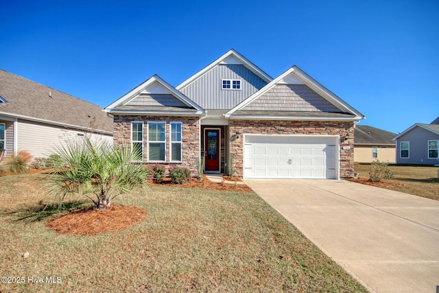 view of front of home featuring a garage, driveway, board and batten siding, and a front yard