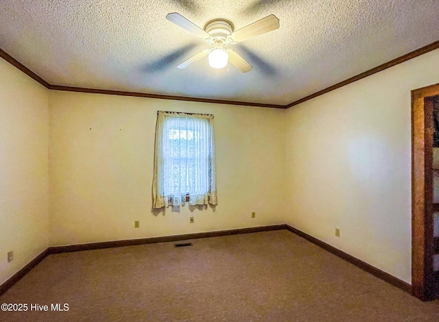 434 Farless Rd, Merry Hill, NC 27957 - carpeted empty room with ceiling fan, a textured ceiling, crown molding, and baseboards