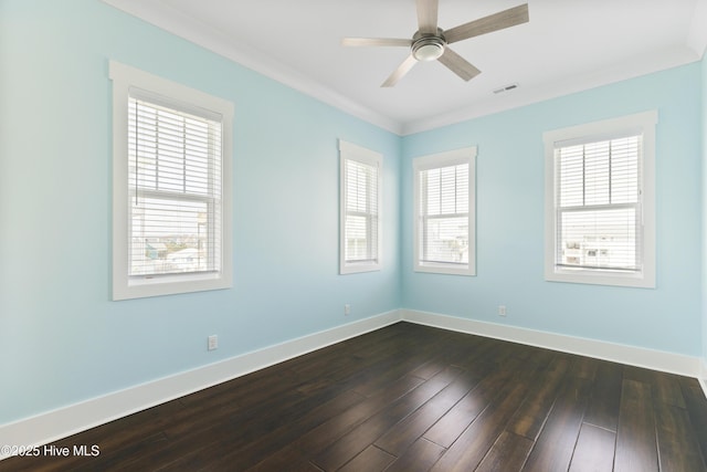 unfurnished room with ceiling fan, baseboards, and dark wood-style floors