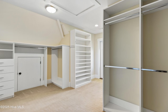 walk in closet featuring light carpet