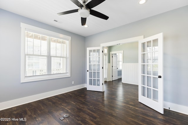 unfurnished room with french doors, wood finished floors, ceiling fan, recessed lighting, and baseboards