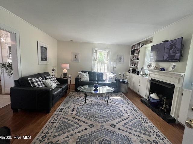 310 N Franklin St, Whiteville, NC 28472 - living room featuring dark wood-style floors and a fireplace with raised hearth