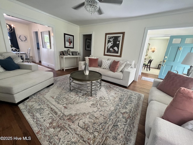 310 N Franklin St, Whiteville, NC 28472 - living area featuring a ceiling fan, crown molding, wood finished floors, a chandelier, and baseboards