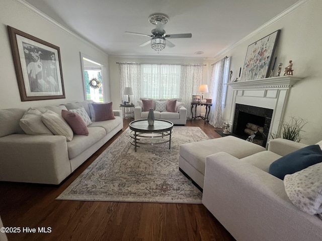 310 N Franklin St, Whiteville, NC 28472 - living area with crown molding, wood finished floors, a ceiling fan, and a fireplace