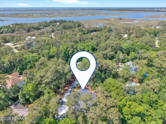 aerial view of property's location with a nearby body of water and a forest