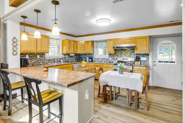 3297 Bay City Rd, Aurora, NC 27806 - kitchen featuring under cabinet range hood, gas stove, a peninsula, decorative backsplash, and crown molding
