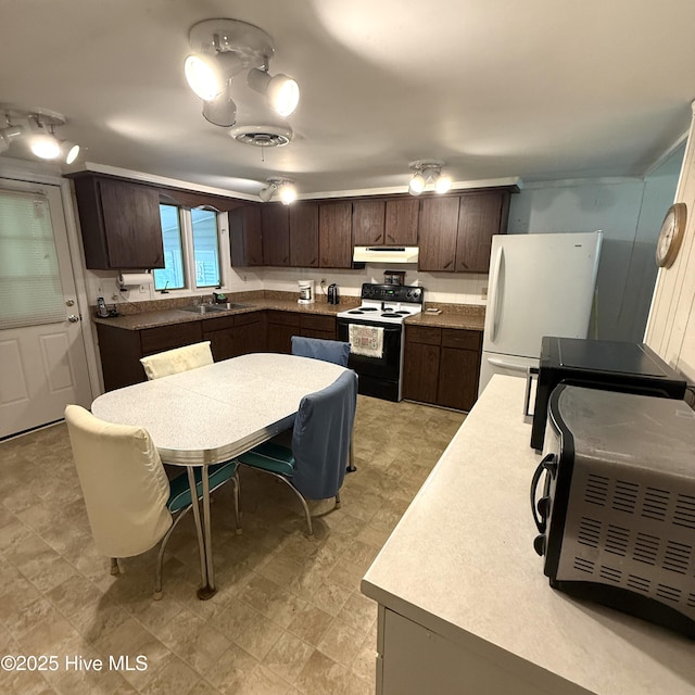 kitchen with electric range, freestanding refrigerator, under cabinet range hood, dark brown cabinets, and a sink