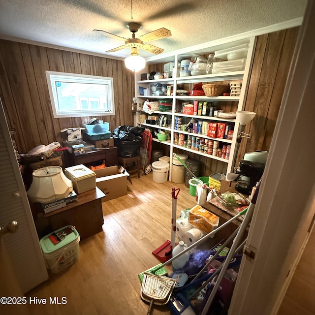 office with wood walls, wood finished floors, ceiling fan, and a textured ceiling