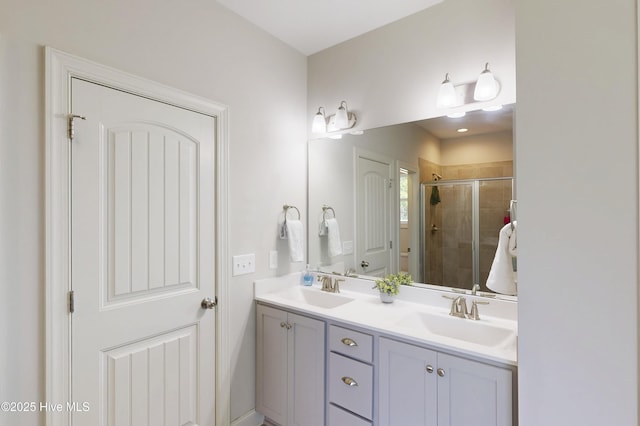 bathroom with a stall shower and double vanity